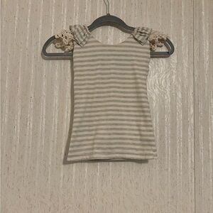 Dollcake Cream and Gray Striped Top with Lace Shoulders